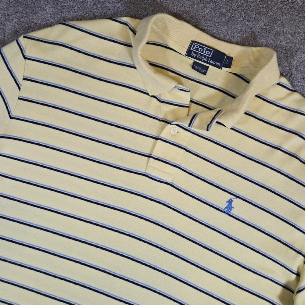 Polo Ralph Lauren Short Sleeve Polo Shirt Mens Large Yellow Blue Striped Pony
